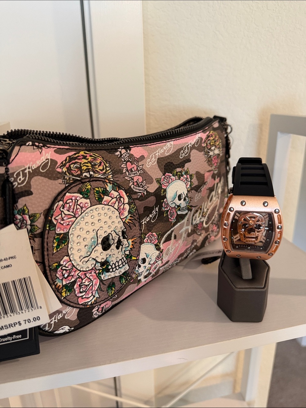 Floating Skull Watch w/ Ed Hardy Skull Crossbody Bag